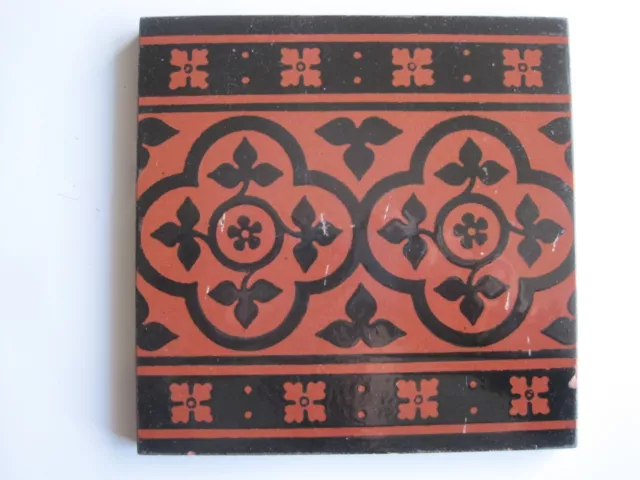 6 " Sq. Antique Victorian Minton Hollins Black On Red Clay Border Tile C1875