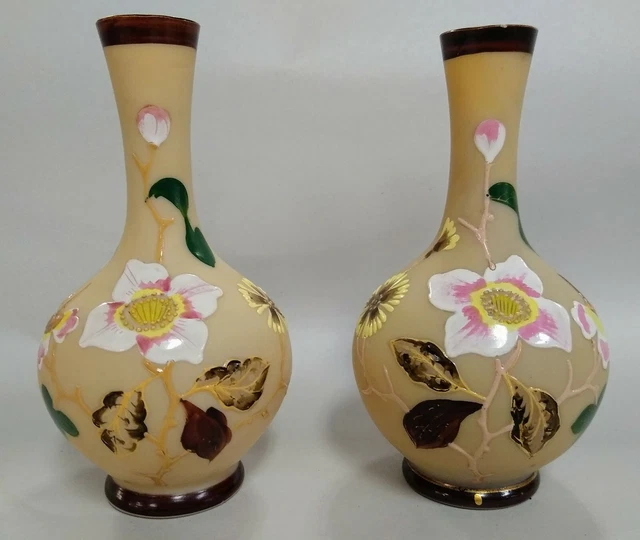 Pair Signed Hand Painted Flower Enamel Victorian Clam Broth Glass Bud Vases