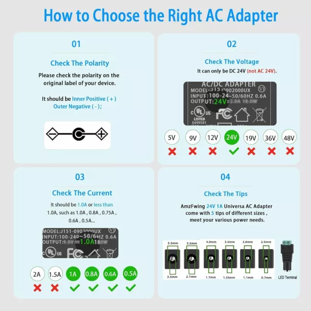 24 V 1 A Netzteil Kabel Ladegerät Adapter 24 W Transformator mit 5 Spitzen DC Stecker 3