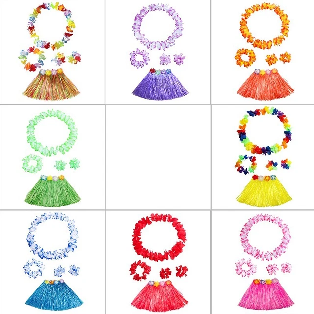 Kids Hawaiian-Style Grass Lei Skirt Flowers Wristband Garland Fancy Costume Suit