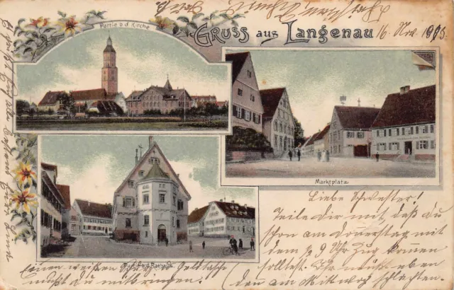 Litho AK 1903 Gruss aus Langenau Marktplatz nebst Partien Kirche und Rathaus