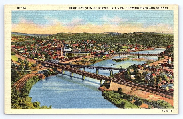 Postcard Bird's Eye Aerial View Beaver Falls PA River and Bridges Linen Unposted