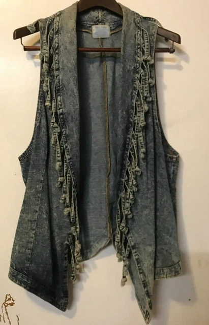 Simply Barbara Of Colorado Denim Blue Shabby Chic VEST w/ Tassles Sz XL