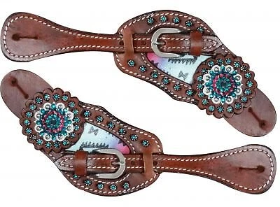 Showman Ladies Leather Spur Straps w/ Pastel Navajo Design & Rhinestones