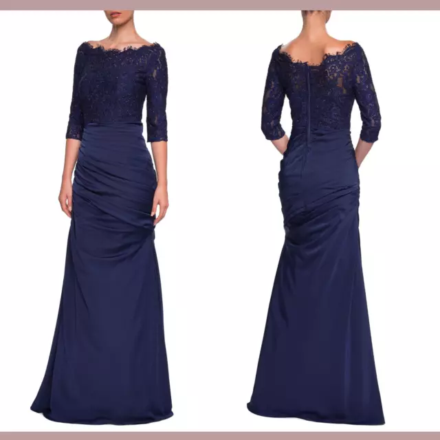 NWT $608 La Femme [ 10 ] Sparkle Lace Trumpet Gown in Navy Blue #G1041