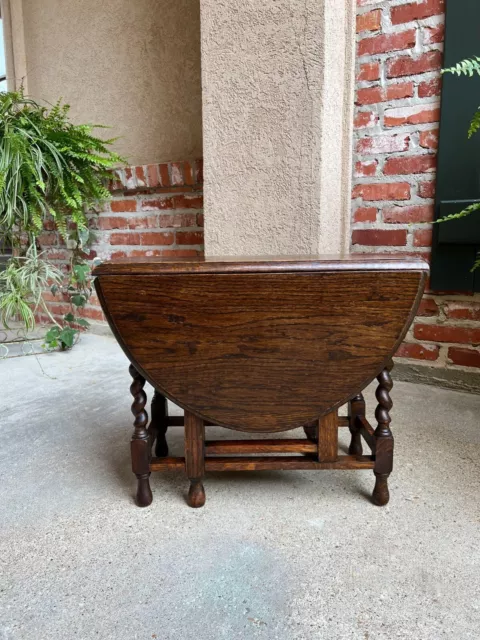 Antique English Drop Leaf Tea Table Barley Twist PETITE Dark Oak Coffee Gate Leg