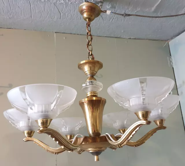 French  Art Deco Chandelier Ceiling Light, Petitot, Ezan Style