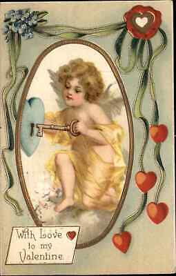 Valentine Art Nouveau Cupid Fits Key to Heart Shaped Lock c1910 Postcard