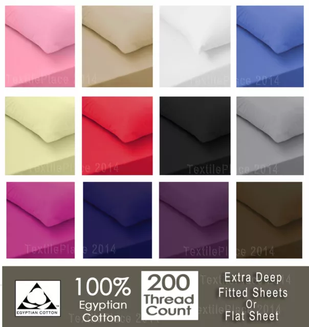 Extra Deep 100% Egyptian Cotton Fitted Sheet Flat Sheet 16"/40CM 100% 200 TC