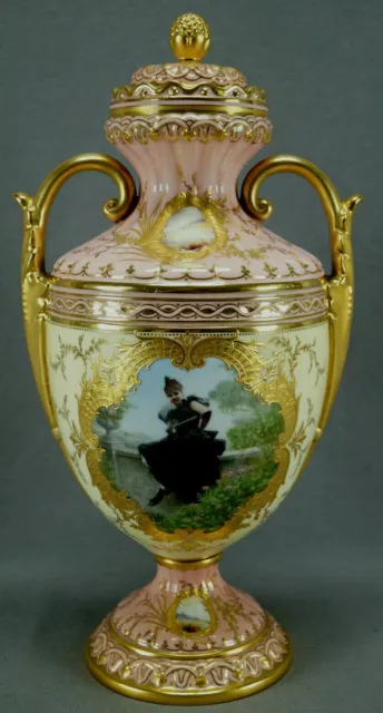 Antique Coalport Hand Painted Girl in Black Dress Pink Yellow & Raised Gold Urn