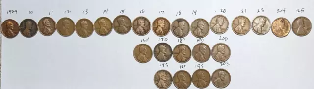 1909 -1925    TEENS N TWENTIES    LINCOLN WHEAT CENT PENNIES 25 coins