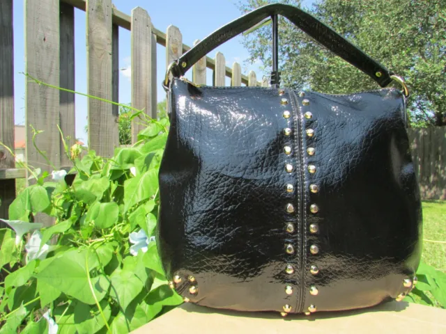 Michael Kors Astor Black Crinkled Patent Studded Leather Hobo Shoulder Bag Purse