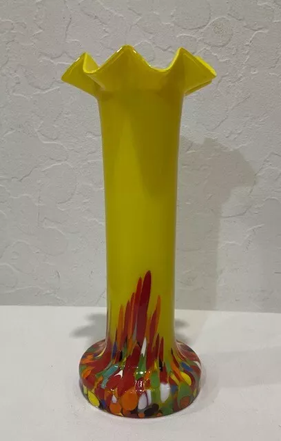 Vintage Czech Glass Art 8" Ruffle Top Vase Yellow w/Multicolor Splatter