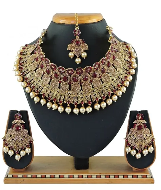 Maroon Indian Bollywood Fashion Bridal Wear Jewelry Ethnic Necklace Gold Plated
