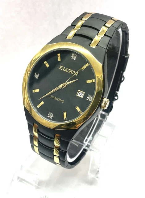 MENS ELGIN BLACK Gold Tone Diamond Dial Bracelet Analog Quartz Watch FG8021 C7 44.99 PicClick