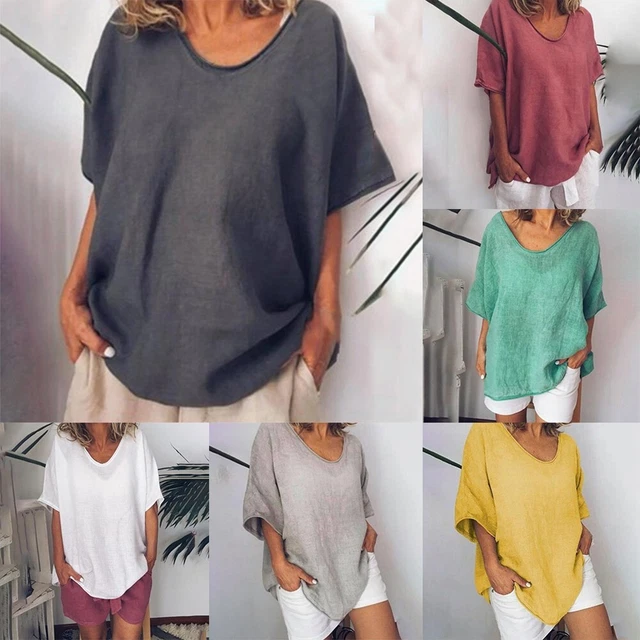 Maglia Donna Vestiti Estate Scollo A V Camicetta Vestiti Cotone E Lino Moda