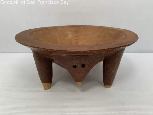Vintage Wooden Polynesian Style Kava Footed Bowl Round Shape Brown 5.75 In
