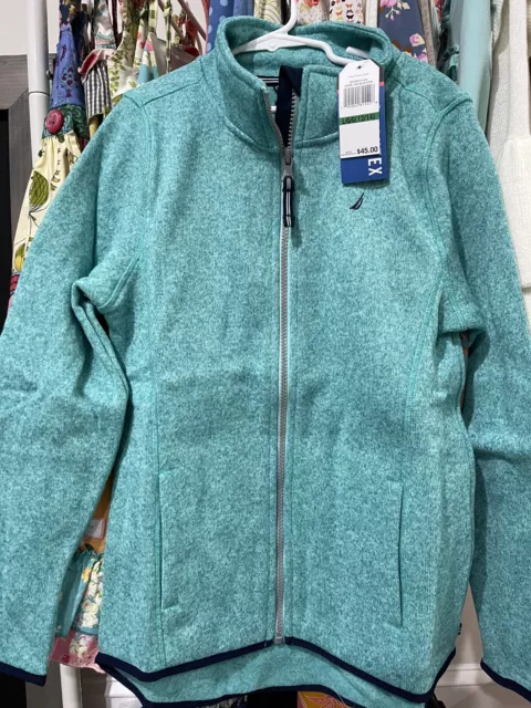 NEW Nautica Girl’s Large Youth Size 12-14 Aqua ZipUp Jacket, pockets navy accent