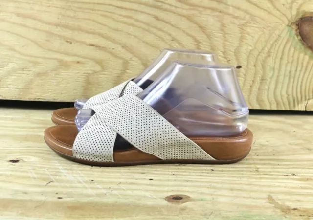 FitFlop Sandals Womens 9 Lulu White Tan Perforated Criss Cross Slides