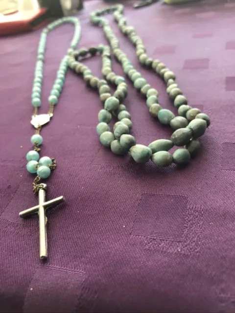 Rosary Necklace Crucifix Catholic Cross Prayer Worry Beads Christ Turquoise