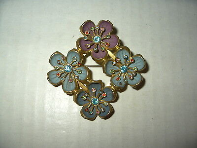 Vintage CZECHOSLOVAKIA Goldtone & Colored Enamel & Crystal Flower Brooch Pin