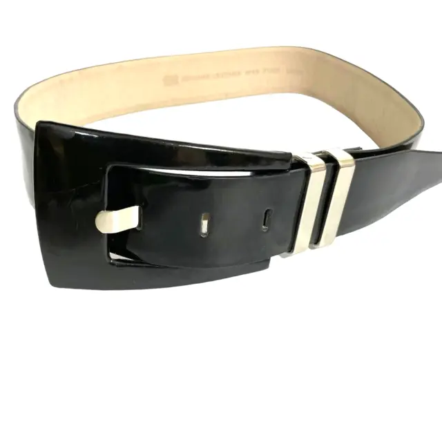 Vintage Black Patent Leather Belt By Cue Size Medium With Black Buckle