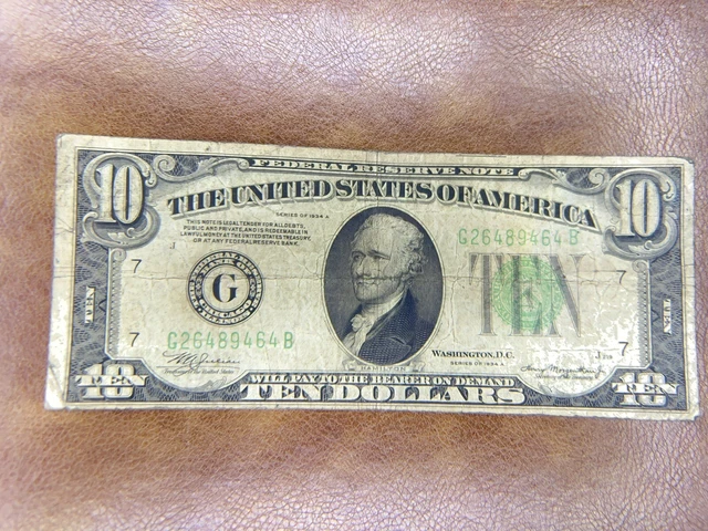 1934 A $10 Ten Dollar Bill Green Seal Circulated United State Note Currency