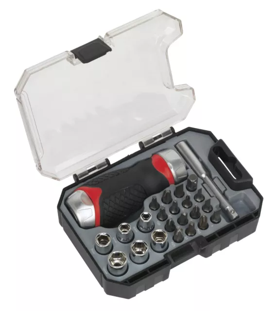 SEALEY 24 Piece Stubby Ratchet Metric Socket Set + 1/4" Screwdriver Bits AK64906