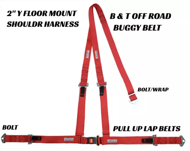 Buggy Off Road  2" Seat Belt 3 Point B&T Y Harness Bolt In Flame Red