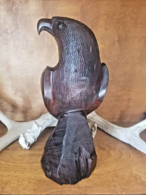 Eagle Hawk Falcon Figurine Statue Hand Carved Iron Wood  *VETERAN OWNED*