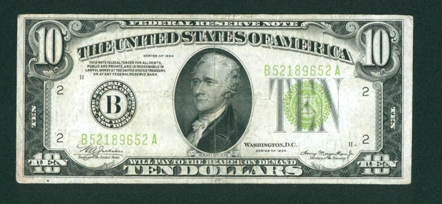 $10 1934 LGS LIME ((LIGHT GREEN SEAL)) Federal Reserve DAILY CURRENCY AUCTIONS 2