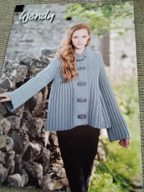 Wendy Knitting Pattern 5862.  Lady's Flared Ribbed Jacket. Aran. 30-44" chest
