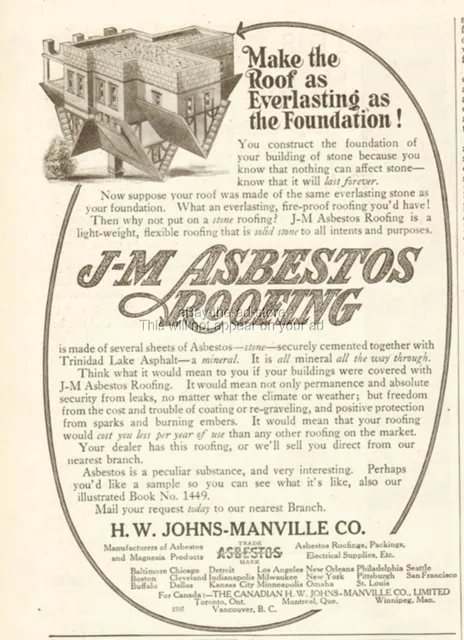 1912 Johns Manville Asbestos Roofing JM Roof Shingles Everlasting Foundation Ad