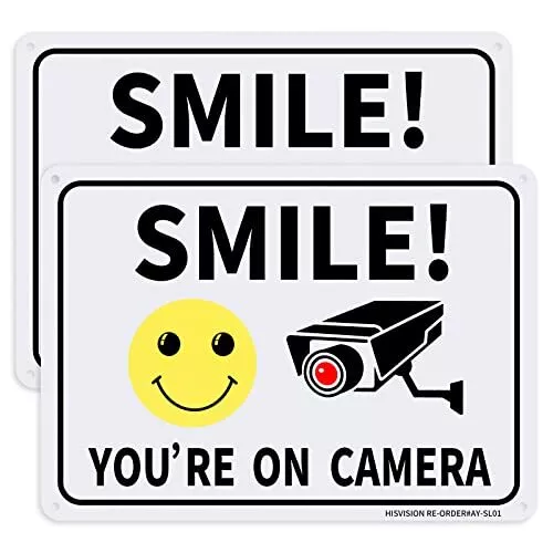 2 Pack Smile Youre on Camera Sign Rust Free Aluminum Metal UV Reflective