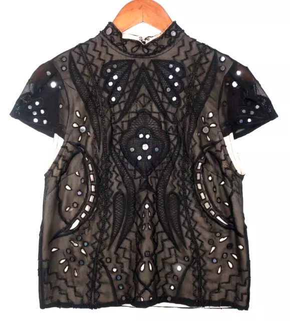 NWT Alice & Olivia Viktoria High Neck Beaded Top Black Lace Blouse Size 6