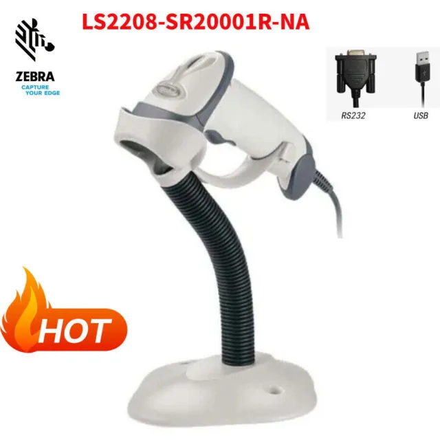 Zebra LS2208-SR20001R-NA 1D Handheld Barcode Scanner With Stand USB RS232 Cable