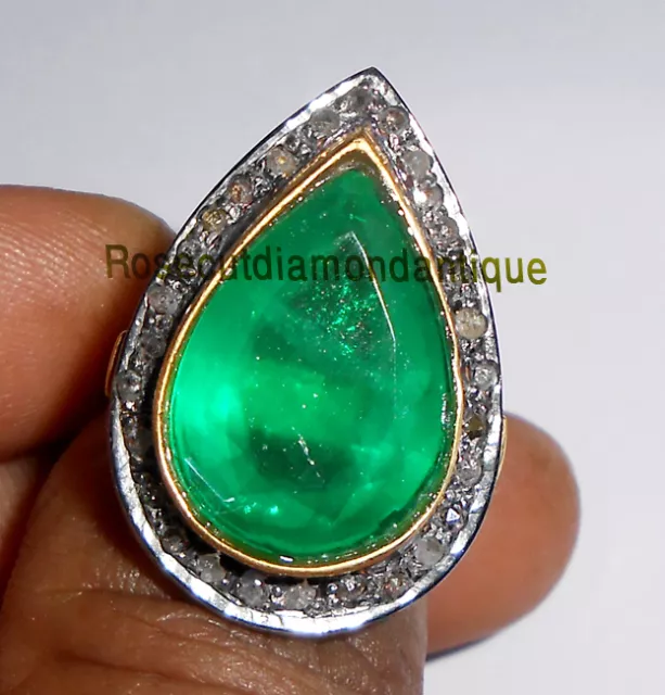 NEWELY HAND-MADE 0.54ct ANTIQUE ROSE CUT DIAMOND SILVER 925 VINTAGE EMERALD RING