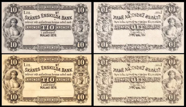 !Copy! 2 Sweden 10 Kronor 1876 Banknotes !Not Real!