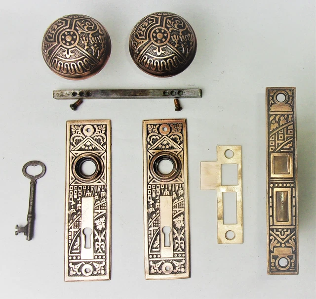 Antique Set EASTLAKE VICTORIAN AESTHETIC Backplates Door Knob Mortise Lock w Key