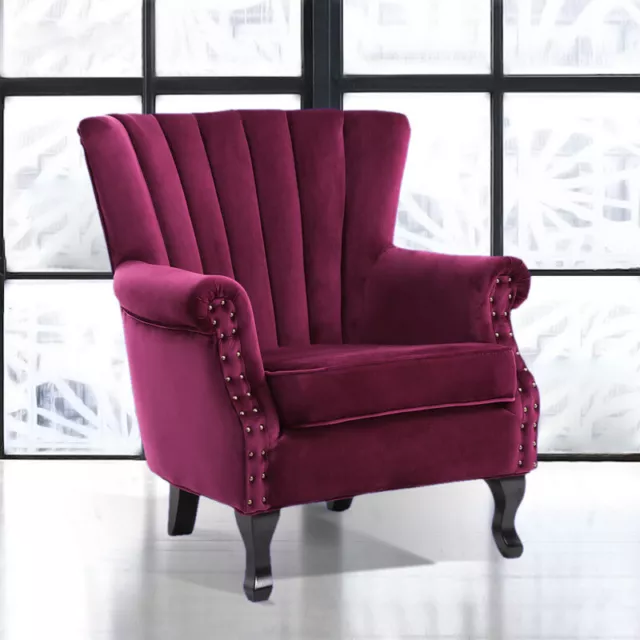 Upholstered Velvet Fabric Armchair Scalloped Wing Back Chair Studded Sofa Lounge