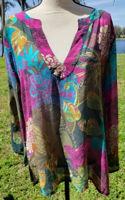 Chico’s Size 2=Large Deep V-Neck 100% Silk Multi-Color Floral Blouse Long Sleeve