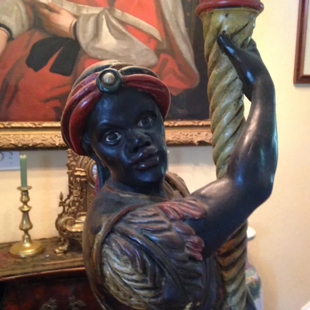 Antique Hand-Carved and Hand-Painted Early 20th Century Blackamoor Torchiere