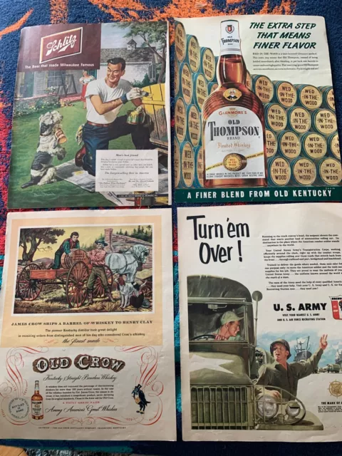 Vintage Magazine Ads US Army, Schlitz, Old Crowe Thompson Whiskey, Seagram's 7