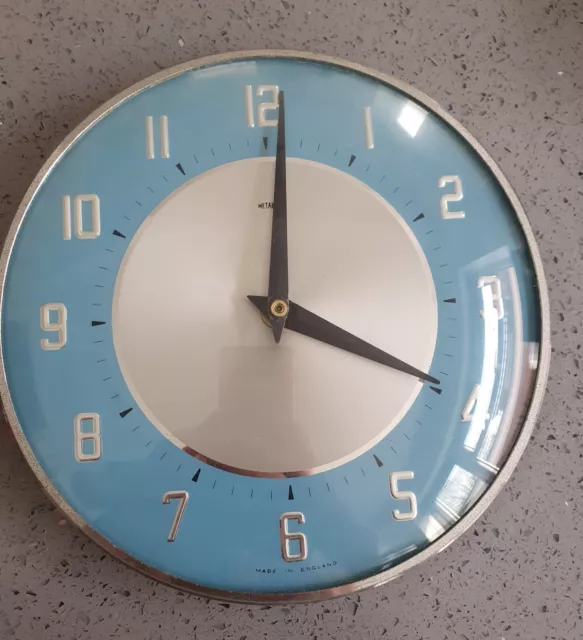 Vintage 21cm Metamec Wall Clock Blue Chrome Retro 1970s Kitchen Clock. Working