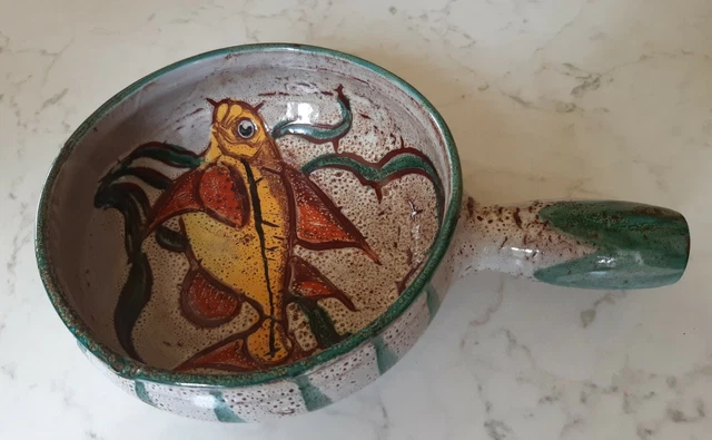 poêlon en céramique - caquelon- décor poisson fait main - diamètre 21 cm