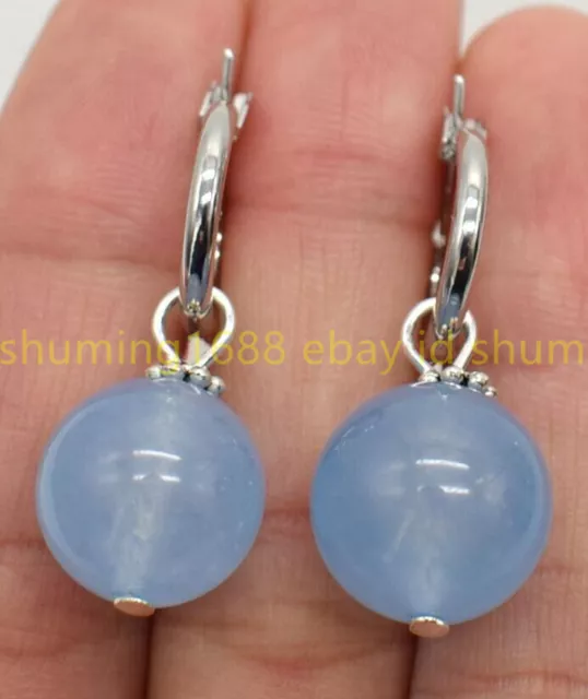 Natürliche 8/10/12mm Blaue Jade Edelstein Runde Perlen Silber Leverback Ohrringe