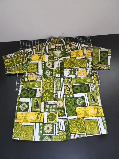Vintage Hawaiian Shirt Barkcloth Geometric Tapa Kapa Print Green Mens Large