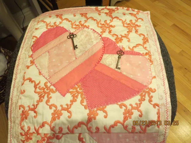 Quilted  16" Square Wall Hanging-Hand Applique Hearts--Metal Keys--#V2A-4