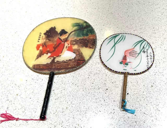 Fans Asian Japanese Geisha Stretched Silk Screen Round Paddle Fans Group Of 2