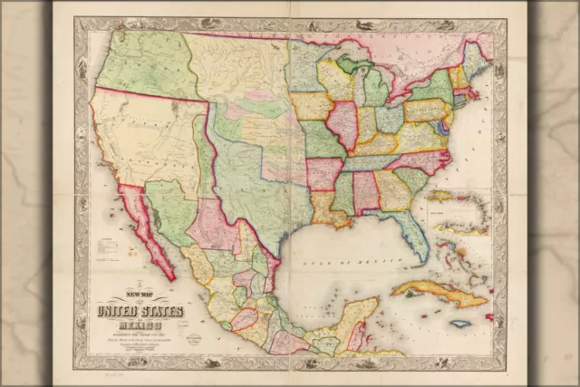 Poster, Many Sizes; Map Of The United States And Mexico 1847